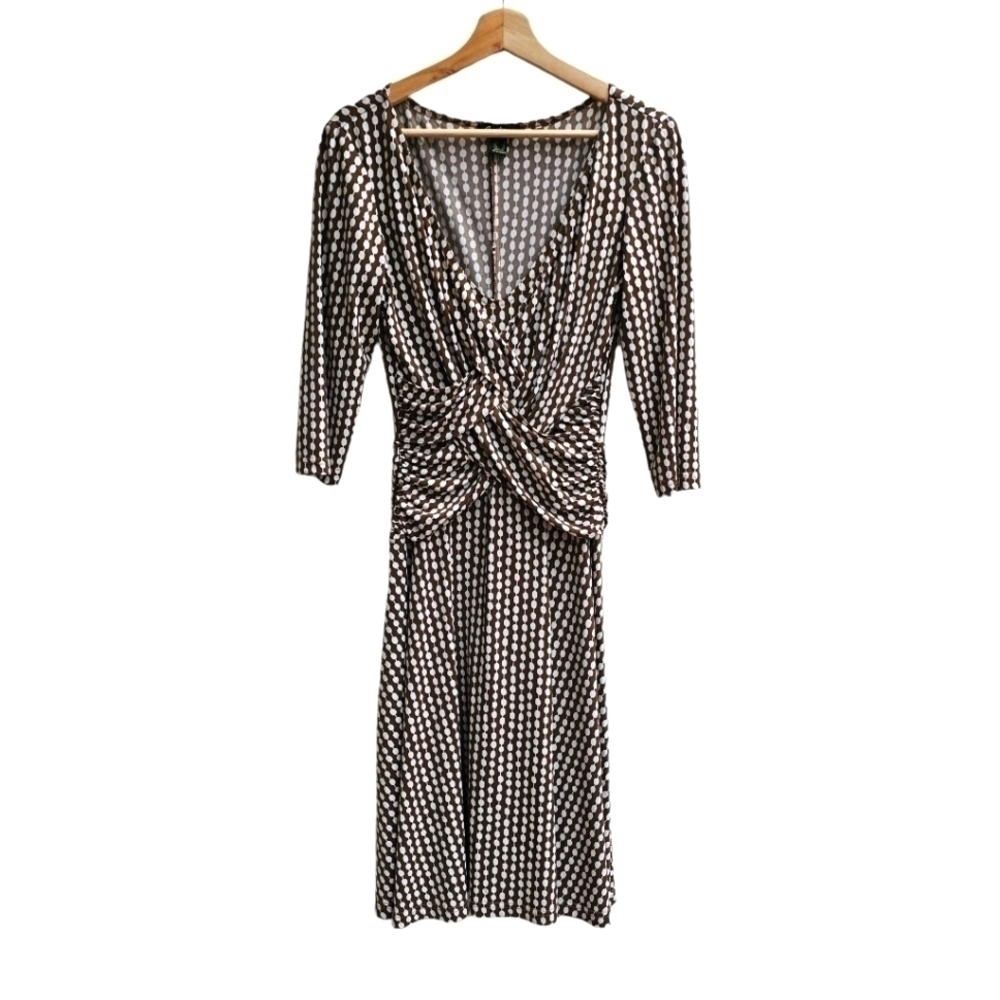 Cartise Dress Fit and Flare Fitted Brown and White Polkadot Dress, Size Medium
